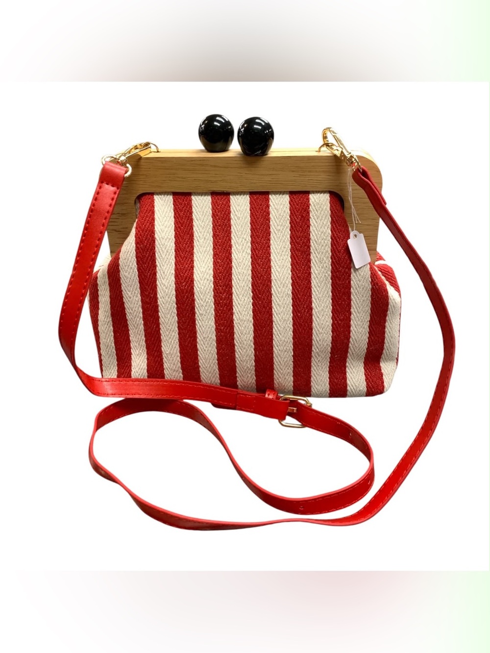 Red & Cream Striped Crossbody Bag with Wooden Frame